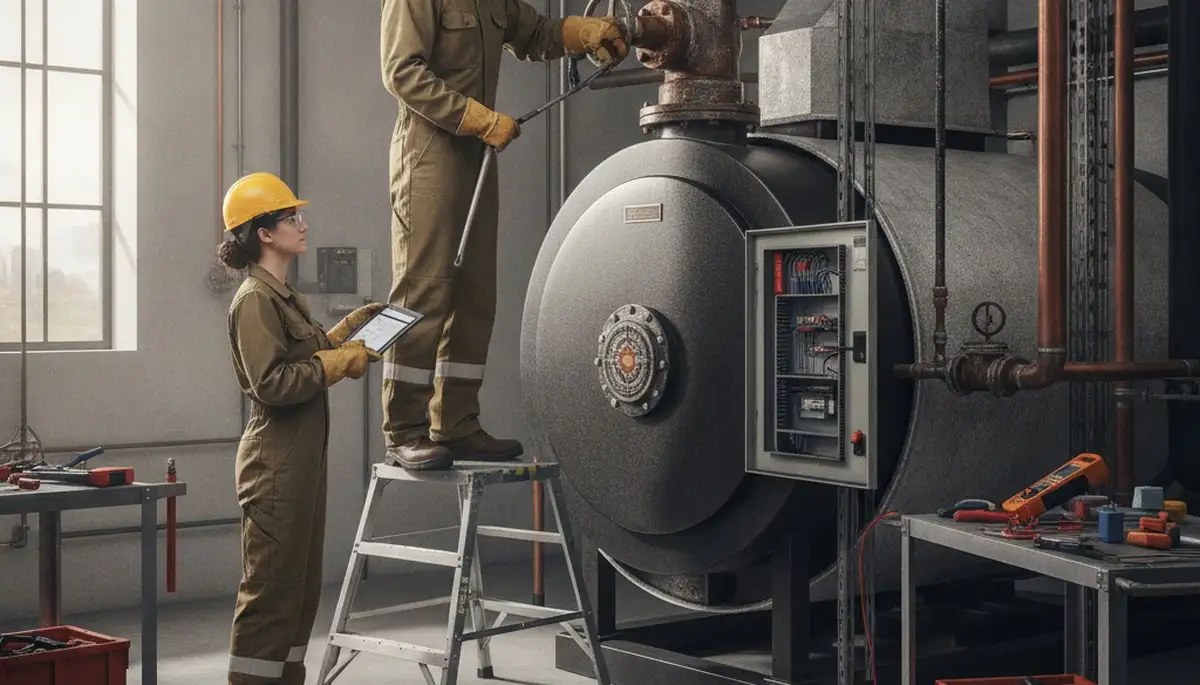 Boiler repair technician inspecting a home boiler in Nashville, TN for heating service